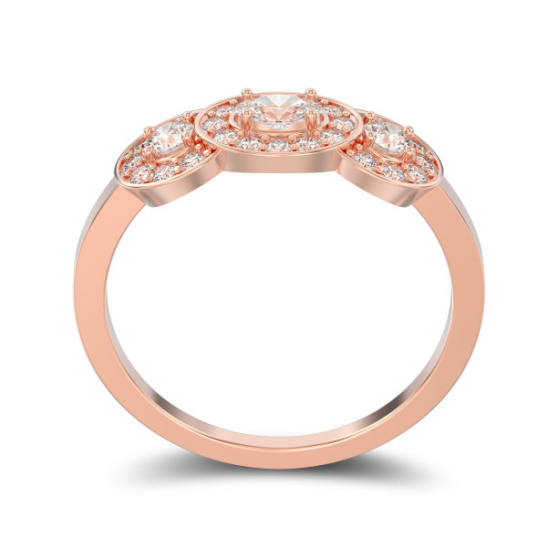 3D插图孤立玫瑰金三石单人订婚戒指与影子图片下载