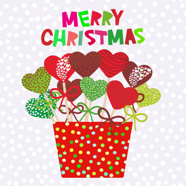 彩色心形蛋糕棒棒糖与蝴蝶结在一个红色的桶在灰色的背景与雪花。圣诞设计，红色和绿色。向量图片下载