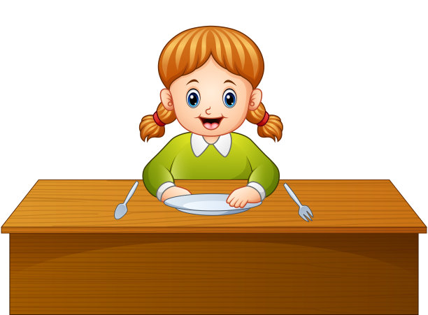 可爱的卡通小女孩在餐桌上等待早餐图片下载