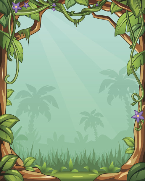 矢量卡通丛林背景与藤蔓和棕榈树图片下载