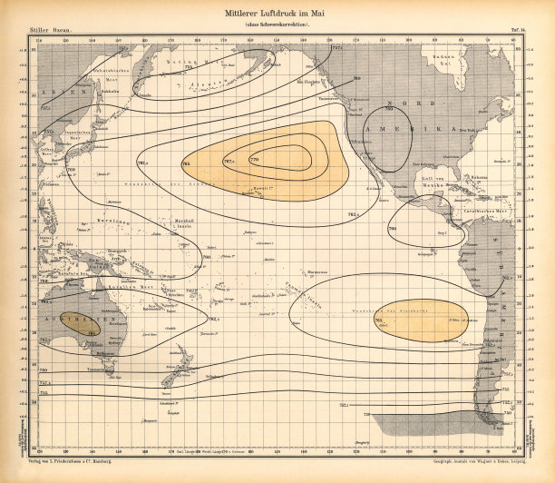 气压图，太平洋，德国古董维多利亚版画，1896图片下载