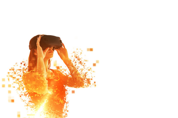 戴着虚拟眼镜的人会飞向像素。戴着虚拟现实眼镜的女人。未来科技的概念。现代的成像技术。支离破碎的像素。图片下载