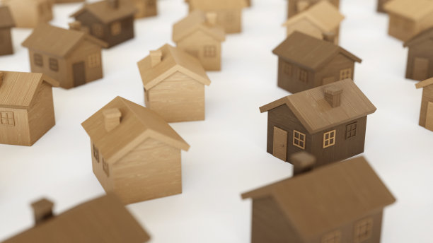 玩具木房子在一个简单的混凝土表面上的均匀网格图片下载