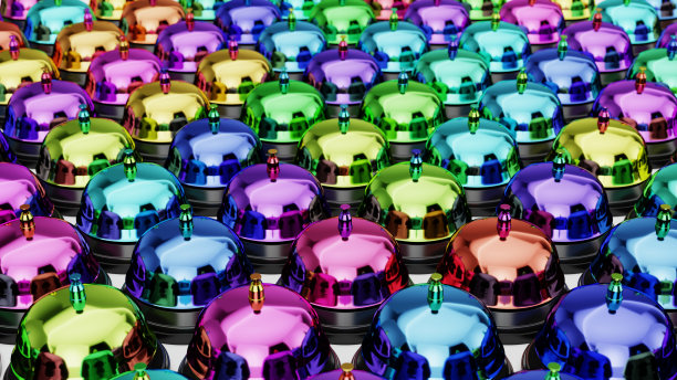 在一个简单的混凝土表面上，在一个紧凑而均匀的网格上，各种颜色的接收钟图片下载