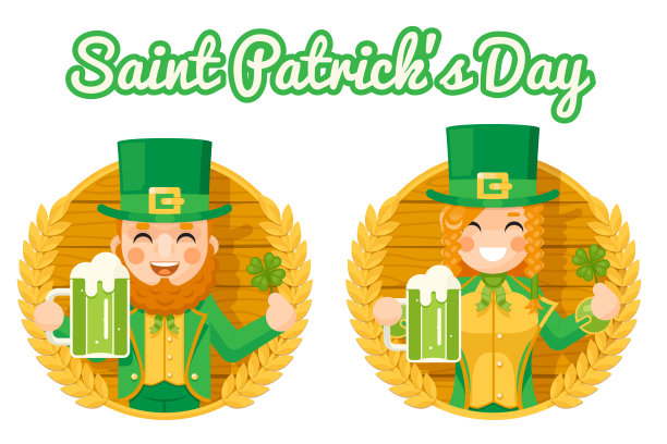 小精灵可爱的侏儒女孩圣帕特里克节庆祝三叶草成功和繁荣象征杯啤酒与泡沫桶上的图标背景贺卡平面设计矢量插图图片下载
