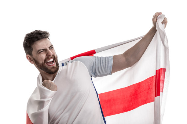 在白色背景下庆祝的英国男运动员/球迷图片下载