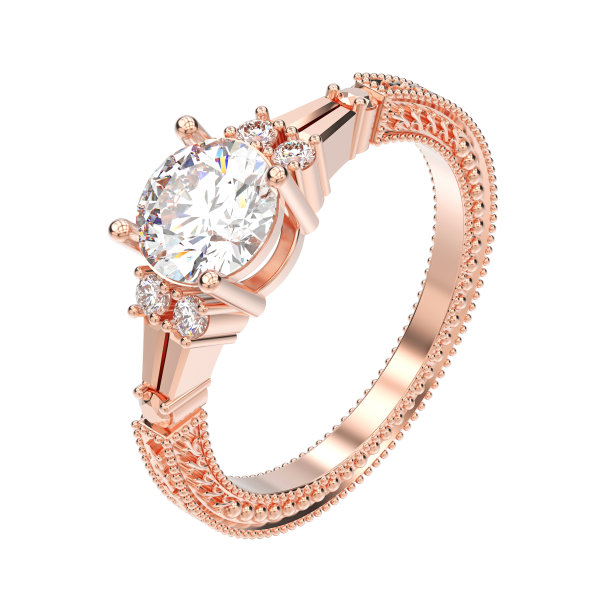 3D插图孤立玫瑰金装饰钻石戒指与装饰图片下载