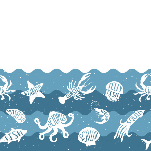 水平重复模式与海产品。海鲜无缝横幅与水下动物。素材图片