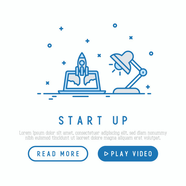 启动的概念。网页模板与薄线图标的笔记本电脑和火箭飞起来。矢量插图。图片下载