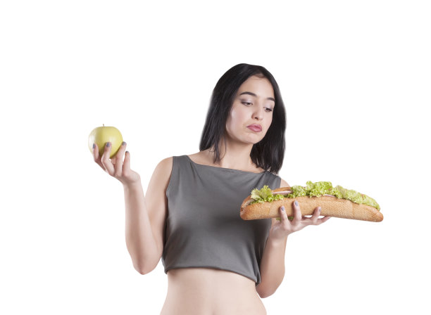 体育女孩苹果和三明治孤立图片下载