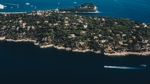 美丽的海角岛，房子和树在法国，尼斯。帽Ferrat。图片下载