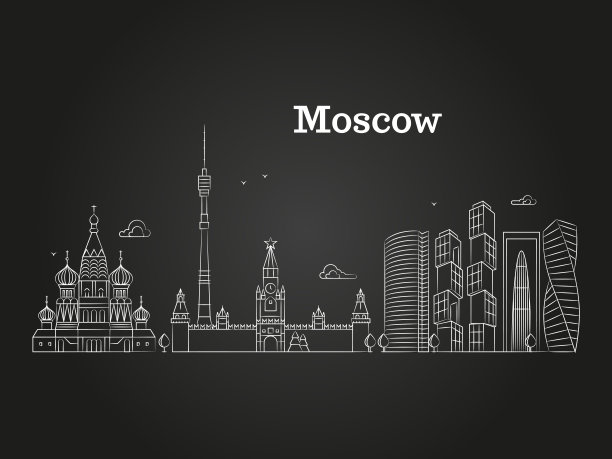 白色莫斯科线性俄罗斯地标，向量全景与苏联建筑在黑色背景图片下载