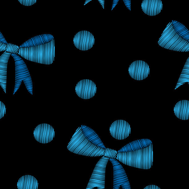 无缝蝴蝶结图案与缎带刺绣针仿制在黑色的背景图片下载