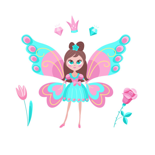 小魔法精灵。长着蝴蝶翅膀的漂亮女孩。矢量插图。孤立在白色背景上。图片下载