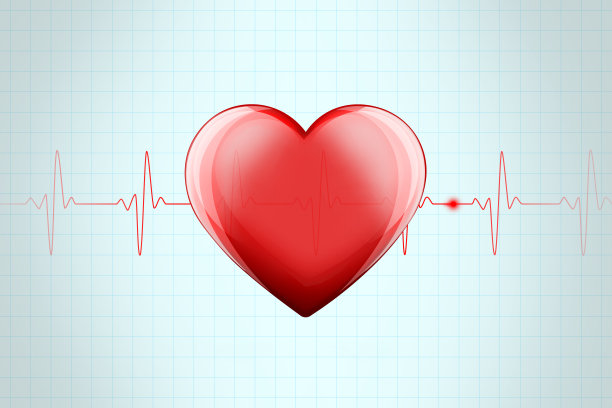 红色光泽的心在浅蓝色的背景与红色的心跳动线素材图片