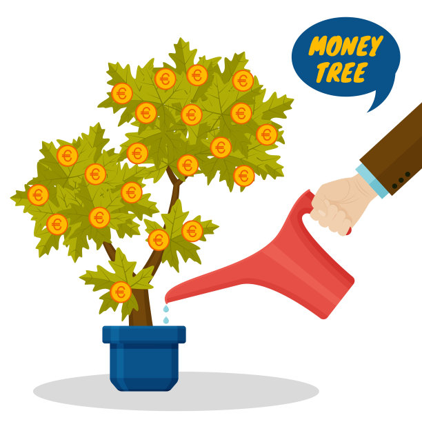 商人用欧元手浇钱树。花盆中的装饰性植物图片下载