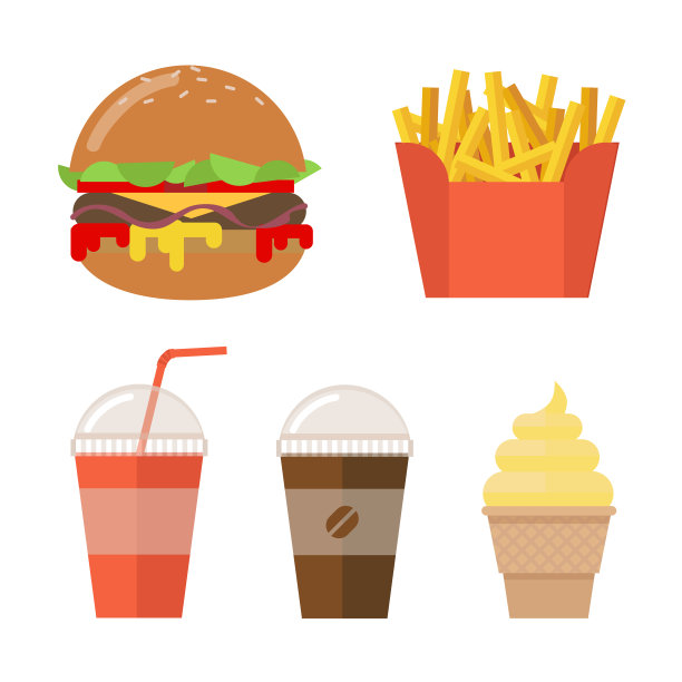 在白色背景上孤立的扁平快餐图标的集合图片下载