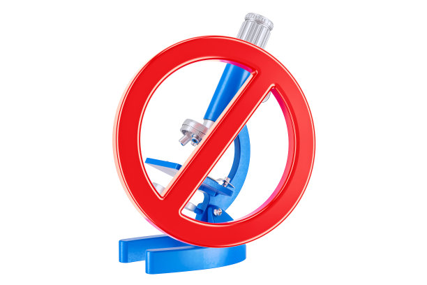 禁止标志与显微镜，3D渲染孤立的白色背景图片下载