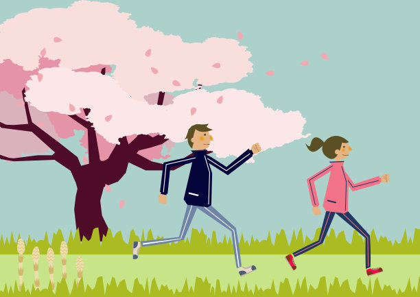 一些走路。体育的形象。春天的插图。樱花。春天的风景。图片下载