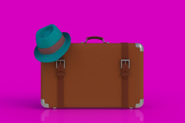 一个带草帽的旅行箱，粉色背景，3D渲染图片下载