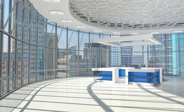 商业中心内部，大窗户，摩天大楼景观。图片下载