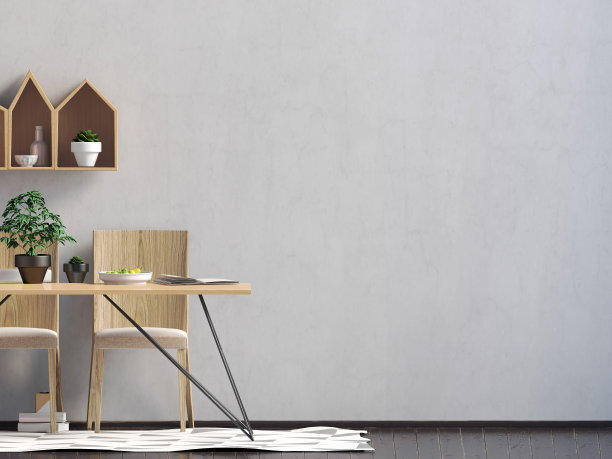 模拟墙在内部与用餐区。客厅现代风格。三维演示图片下载