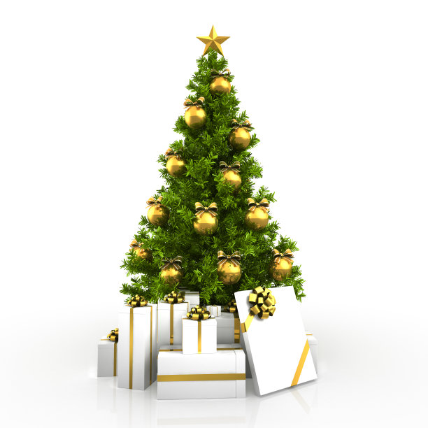 圣诞树winh金色装饰在经典风格的房间3D渲染图片下载
