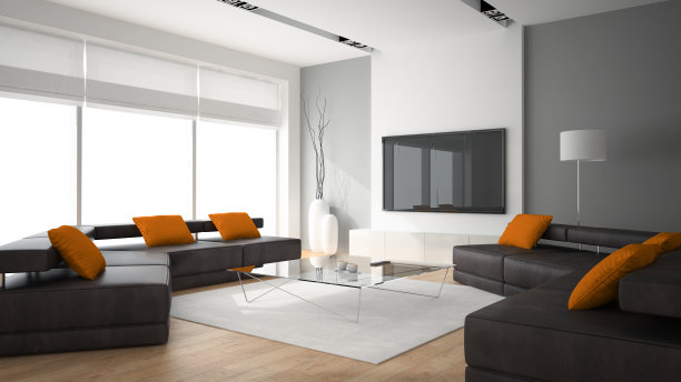 现代室内有两个沙发和橙色枕头3D渲染素材图片