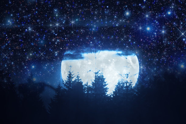 满月从地平线升起，树木的轮廓和星星。我的天文工作。图片下载