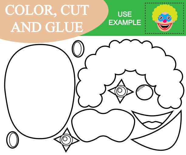 上色、剪切、粘胶，创造小丑头的形象。儿童游戏图片下载
