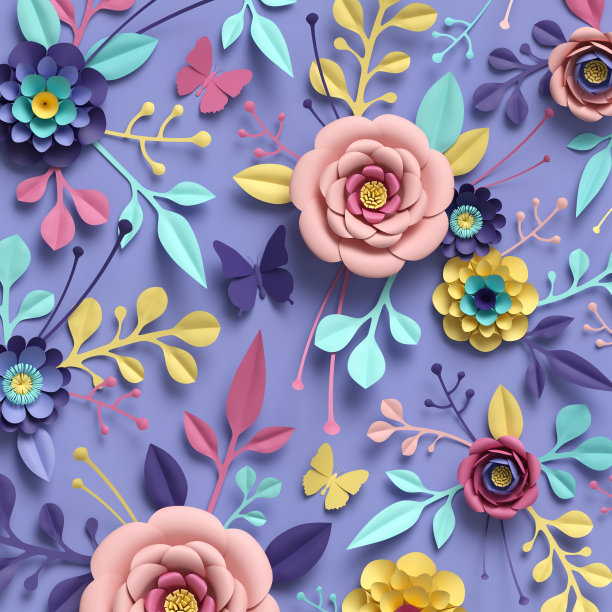 3d渲染，抽象花卉背景，纸花，植物图案，纸工艺，糖果粉彩，明亮的色调调色板图片下载