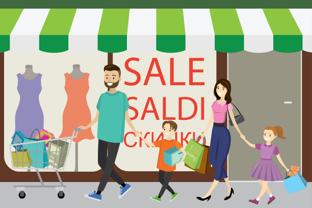 幸福的家庭和购物袋。商店里有大折扣图片下载