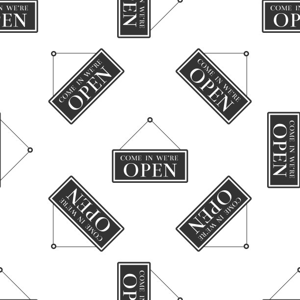 进来，我们在白色背景上打开图标无缝模式。咖啡馆或餐厅的商业主题。平面设计。矢量图图片下载