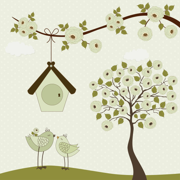 可爱的小鸟和鸟窝和玫瑰树图片下载