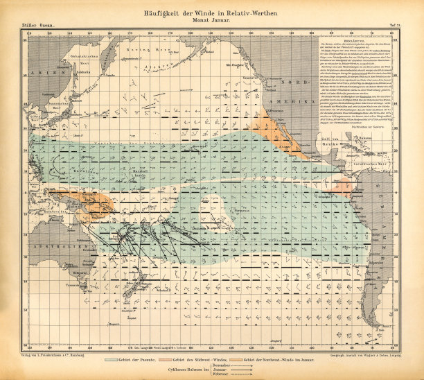 1月相对值图中风的频率，太平洋，德国古董维多利亚版画，1896图片下载