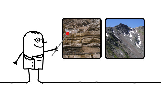 卡通男地质学家展示岩石和山脉的图片图片下载