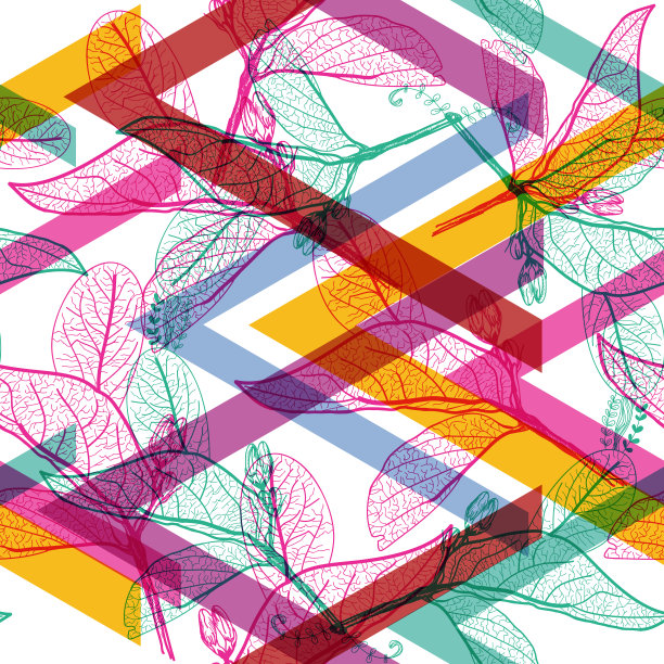 叶粉蓝色轮廓，彩虹明亮，洋红，粉红，橙色，绿松石，淡紫色现代时尚花卉无缝图案，手绘。几何抽象背景的网站，博客，织物。向量素材图片