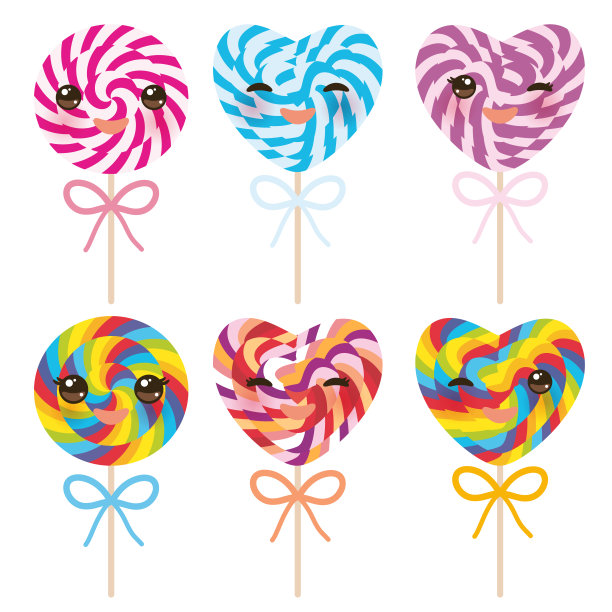 卡哇伊彩色设置糖果棒棒糖蝴蝶结，螺旋糖果手杖。糖果棒与扭曲设计的白色背景。向量图片下载