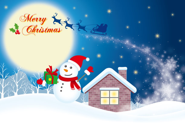 圣诞老人的雪橇飞过快乐的圣诞夜雪人在快乐的圣诞夜有一份礼物图片下载