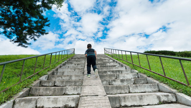 小男孩在公园里爬楼梯图片下载