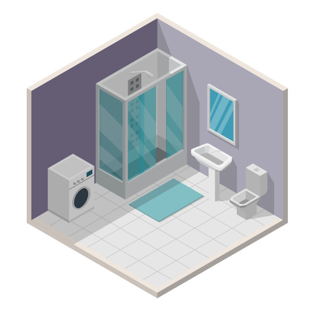 浴室等距室内矢量插图现代的平面背景。图片下载