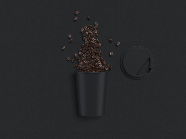 装有咖啡豆的黑咖啡杯3D渲染图片下载