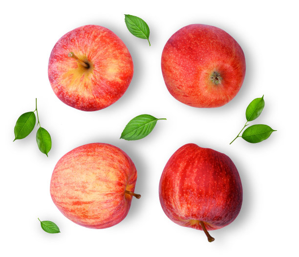 整个带有绿叶的红苹果孤立在白色背景上，平躺，俯视图图片下载