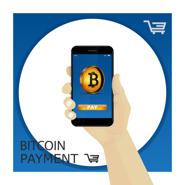 比特币。手持智能手机与黄金比特币和按钮“支付”。向量图片下载