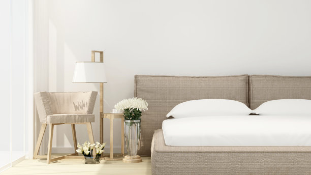 在阳光明媚的日子里，公寓或酒店的艺术品房的卧室和起居室-室内简单设计- 3D渲染图片下载