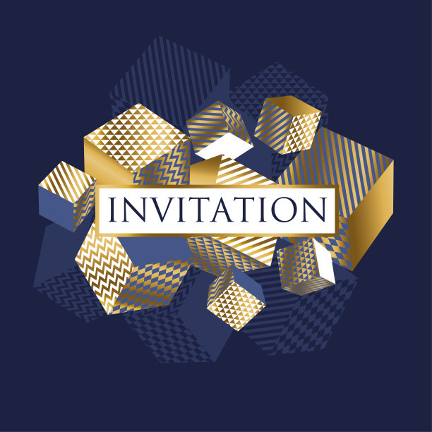 概念三维幻觉几何立方体组成的表面设计和网页。矢量抽象插图与几何形状在金色，白色和深蓝色的颜色。图片下载