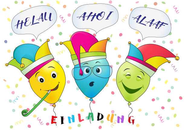嘉年华派对邀请，有趣的嘉年华气球与Helau, Ahoi, Alaaf演讲气泡，图片下载