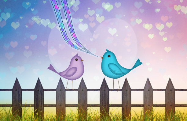 情人节以心为背景，以快乐为场景，可爱的卡通小鸟情侣相恋，为情人节高唱情歌图片下载