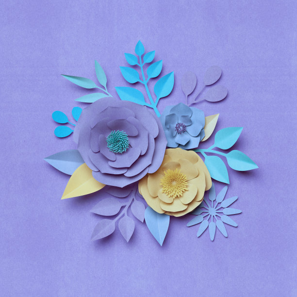 3d渲染，数字插图，纸纹理玫瑰花，花卉墙装饰，植物背景，柔和的紫色和黄色，花束素材图片