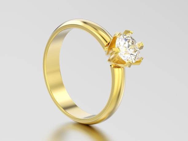 3D插图黄金传统单人订婚钻石戒指图片下载